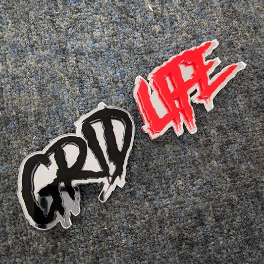 Grid Life Car Badge - Gloss Black and Red on Mirror Silver - Aggressive Font - Tape Mounting