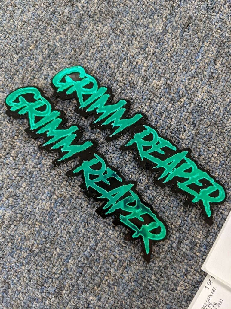 Grimm Reaper Car Badge - Mirror Green On Gloss Black - Aggressive Font - Atomic Car Concepts