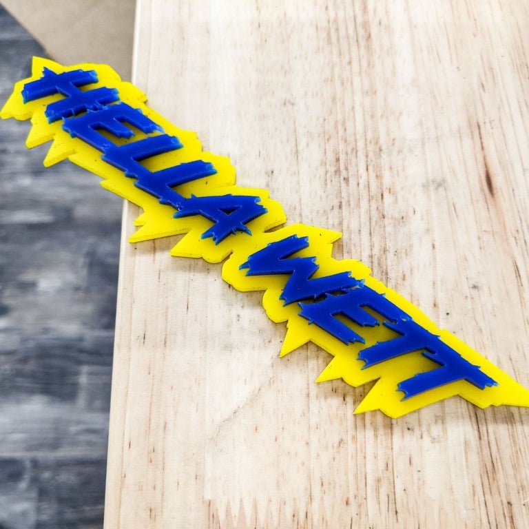 Hella Wett Car Badge - Blue on Yellow - Lightning Font - Tape Mounting