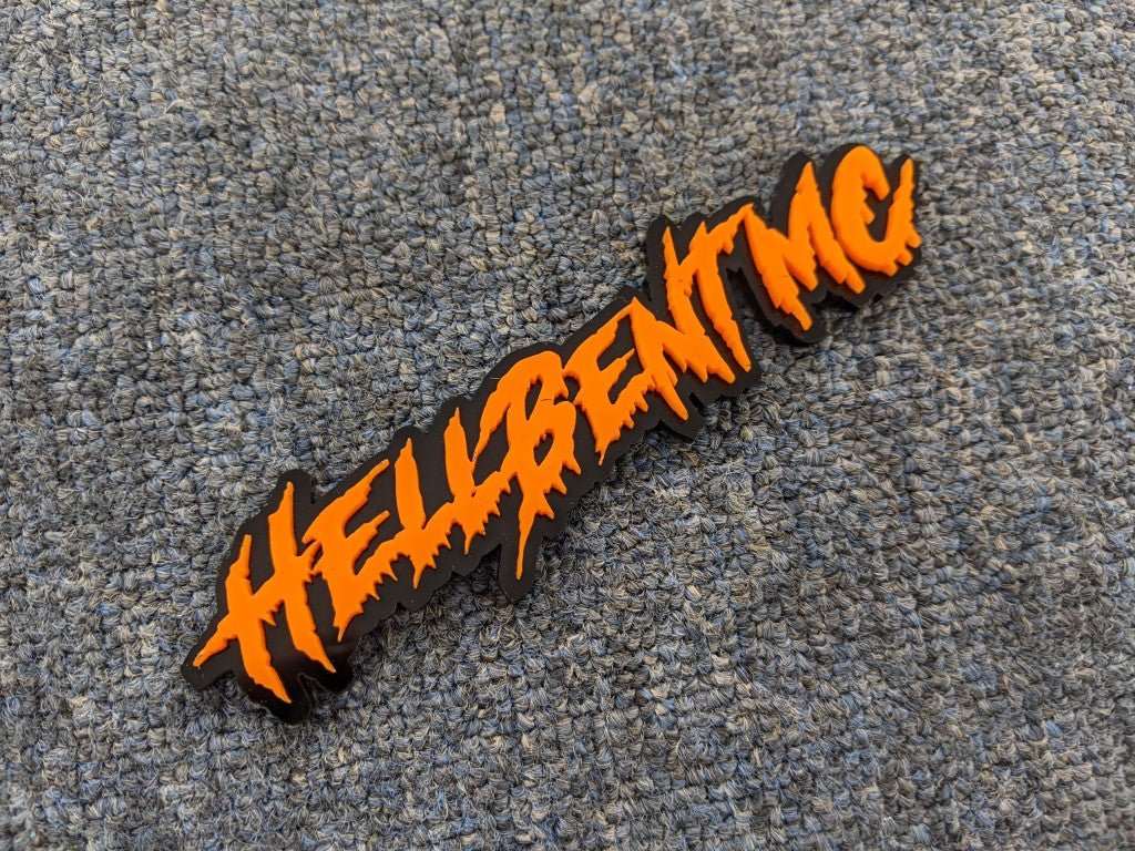 Hellbetn MC Car Badge - Orange on Gloss Black - Aggressive Font - Tape Mounting - Atomic Car Concepts
