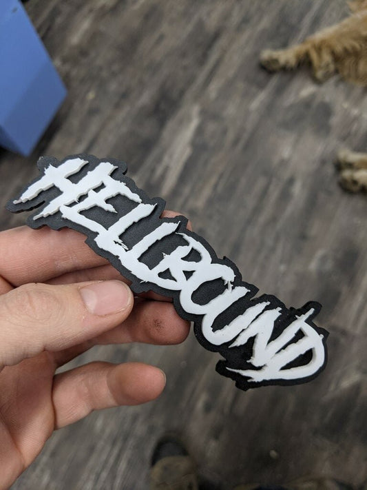 Hellbound Car Badge - White On Matte Black - Aggressive Font - Atomic Car Concepts