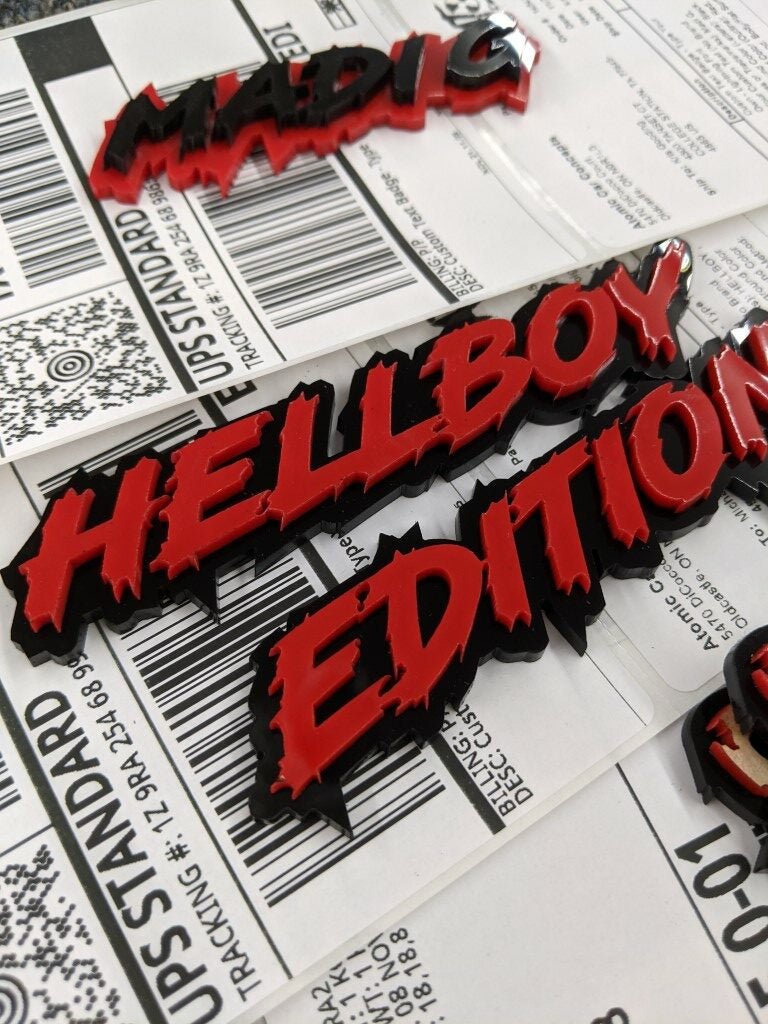 Hellboy Edition Car Badge - Red On Gloss Black - Lightning Font - Atomic Car Concepts