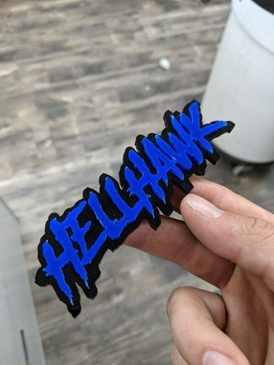 Hellhawk Car Badge - Blue On Gloss Black - Aggressive Font - Atomic Car Concepts