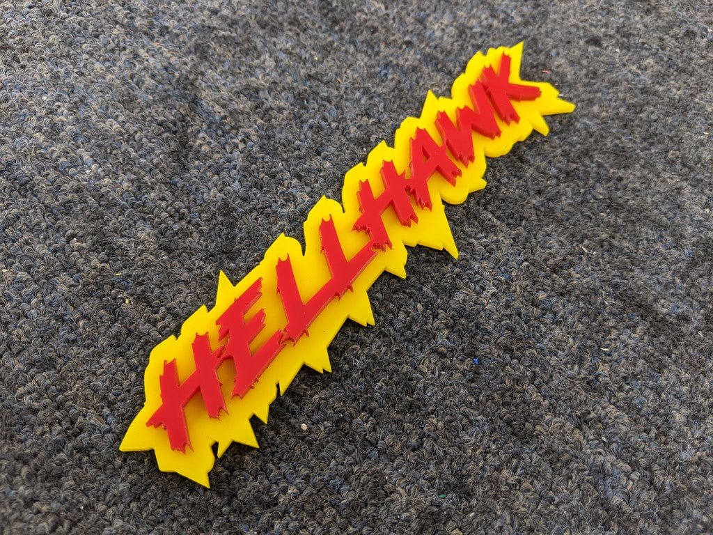 Hellhawk Car Badge - Red on Yellow - Lightning Font - Tape Mounting - Atomic Car Concepts