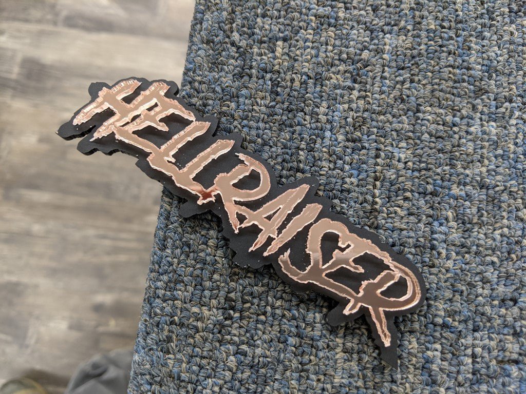 Hellraiser Car Badge - Mirror Bronze On Matte Black - Aggressive Font - Atomic Car Concepts