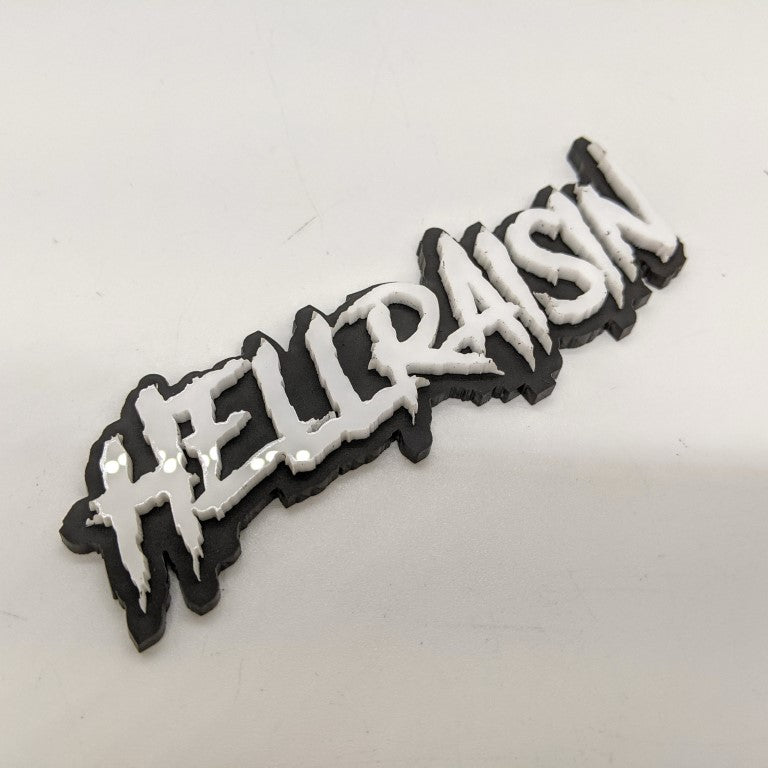 Hellraisin Car Badge - White on Matte Black - Aggressive Font - Tape Mounting - Atomic Car Concepts