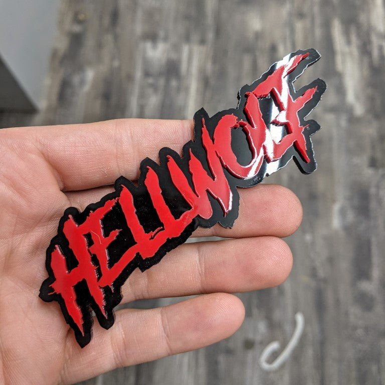 Hellwolf Car Badge - Red On Gloss Black - Aggressive Font - Atomic Car Concepts