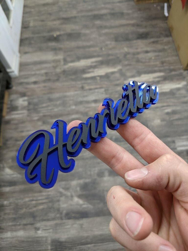 Henrietta Car Badge - Matte Black On Blue - Script Font - Atomic Car Concepts