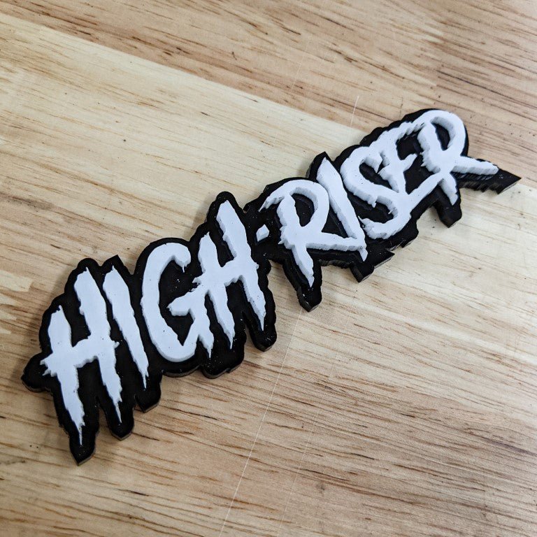 High-Riser Car Badge - White on Gloss Black - Aggressive Font - Tape M ...