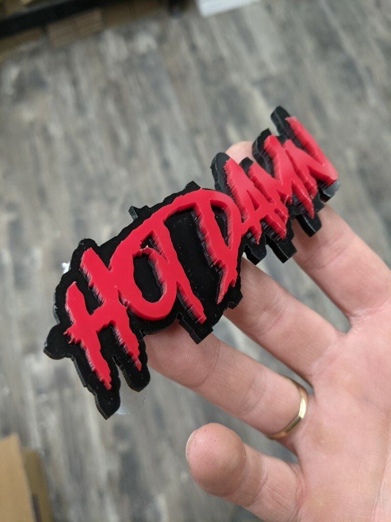 Hot Damn Car Badge - Red On Gloss Black - Aggressive Font - Atomic Car Concepts