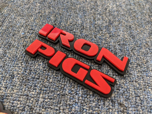 Iron Pigs Car Badge - Mirror Red On Gloss Black - OEM Font - Atomic Car Concepts