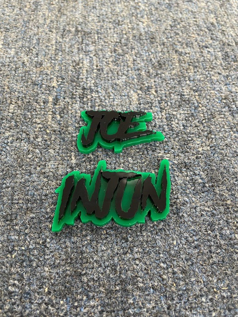Joe Injun Car Badge - Gloss Black On Green - Aggressive Font – Atomic ...