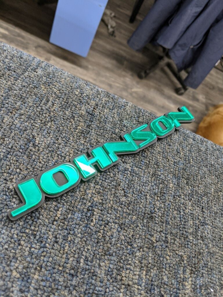 Johnson Car Badge - Mirror Green On Matte Black - OEM Font - Atomic Car Concepts