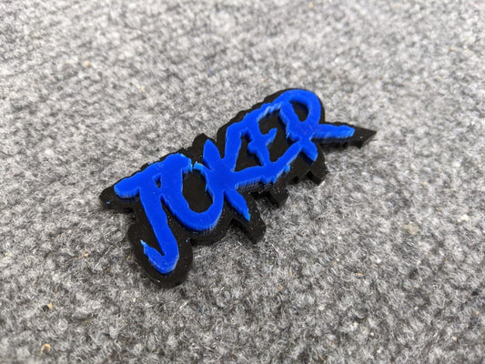 Joker Car Badge - Blue on Gloss Black - Aggressive Font - Atomic Car Concepts