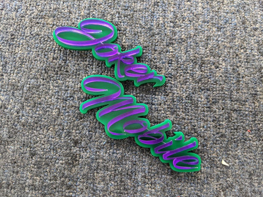 Joker Mobile Car Badge - Mirror Purple on Green - Script Font - Atomic Car Concepts