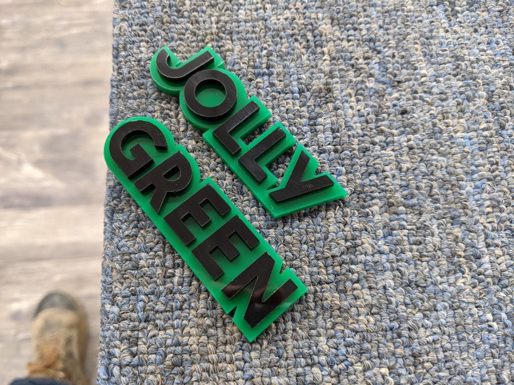 Jolly Green Car Badge - Gloss Black On Green - Block Font - Atomic Car Concepts