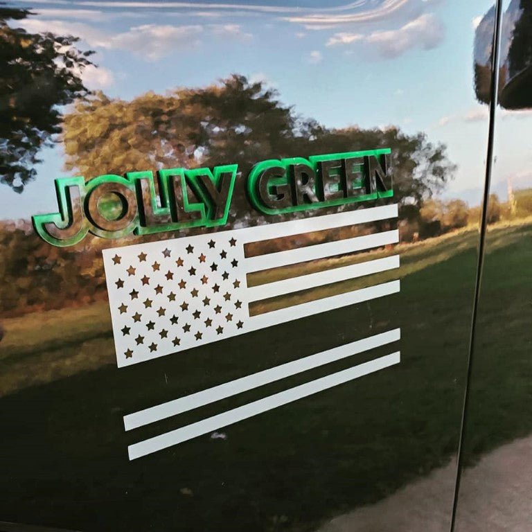 Jolly Green Car Badge - Gloss Black On Green - Block Font - Atomic Car Concepts