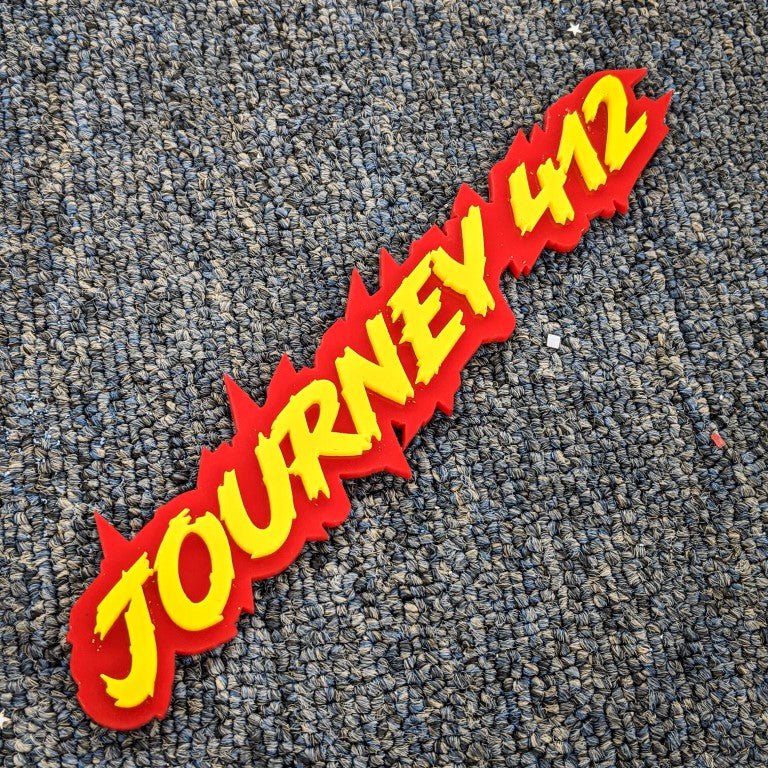 Journey 412 Car Badge - Yellow on Red - Lightning Font - Tape Mounting - Atomic Car Concepts