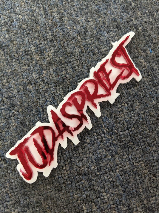 Judaspriest Car Badge - Mirror Red On White - Aggressive Font - Atomic Car Concepts