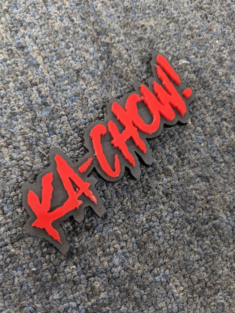 Ka-Chow Car Badge - Red on Matte Black - Aggressive Font – Atomic Car ...