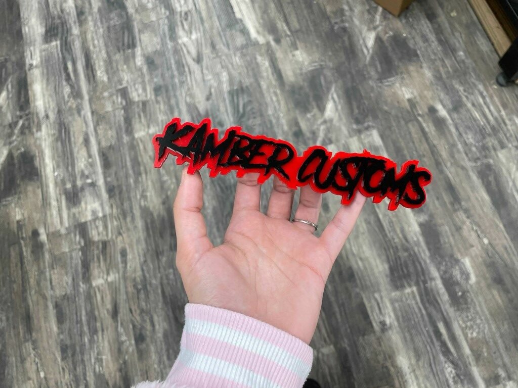 Kamber Customs Car Badge - Gloss Black On Red - Aggressive Font - Atomic Car Concepts