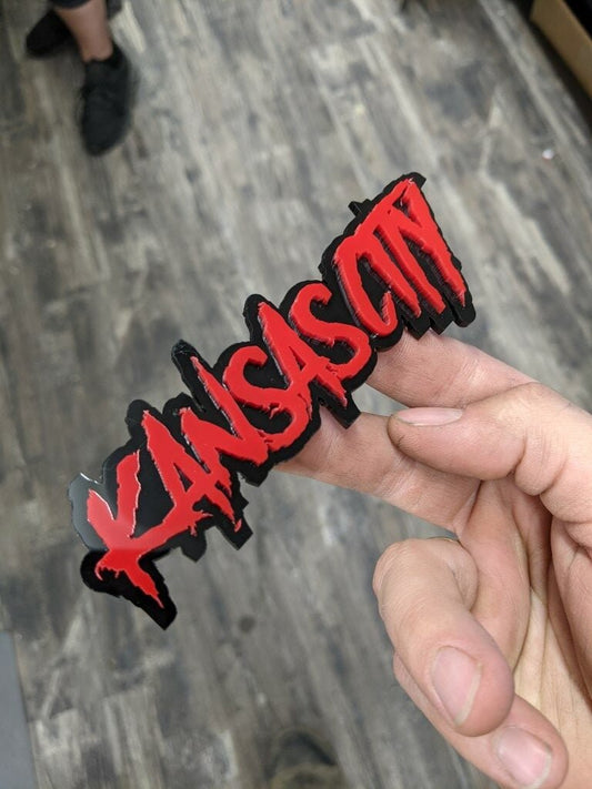 Kansas City Car Badge - Red On Gloss Black - Aggressive Font - Atomic Car Concepts