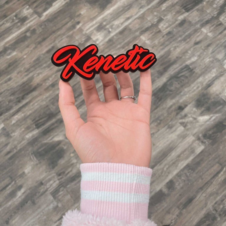 Kenetic Car Badge - Red On Gloss Black - Script Font - Atomic Car Concepts