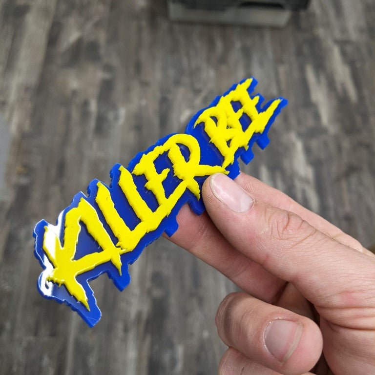 Killer Bee Car Badge - Yellow On Blue - Aggressive Font - Atomic Car Concepts