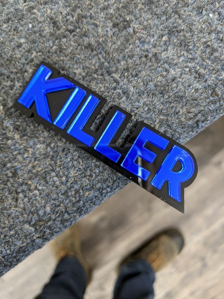 Killer Car Badge - Mirror Blue On Gloss Black - Block Font - Atomic Car Concepts