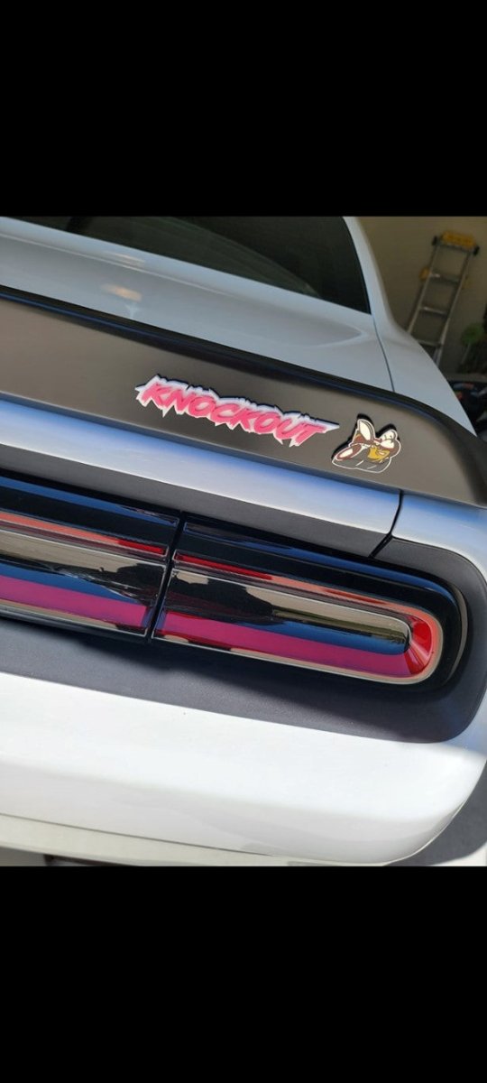 Knockout Car Badge - Pink On White - Lightning Font - Atomic Car Concepts