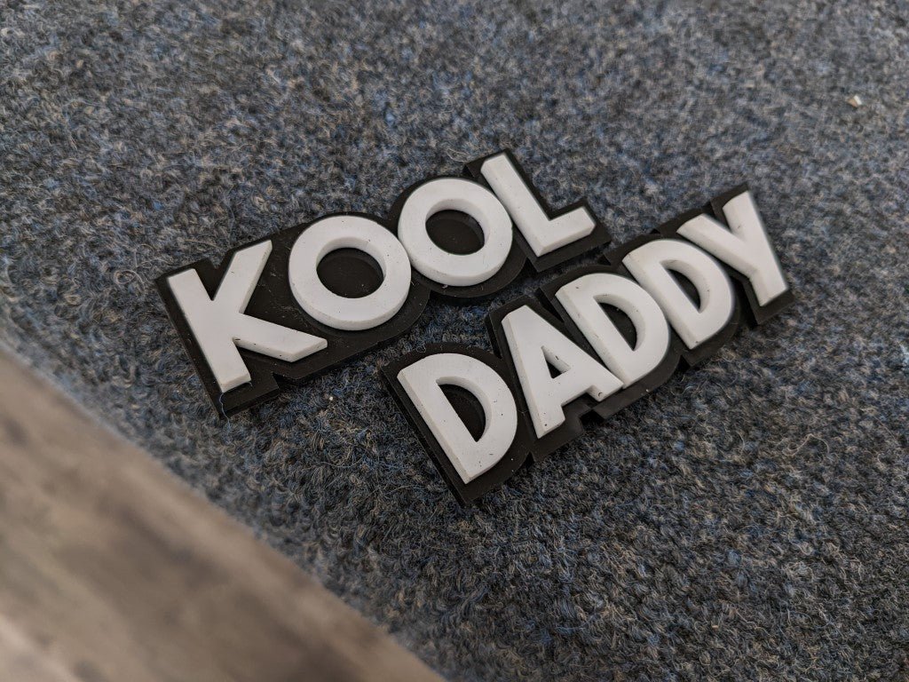 Kool Daddy Car Badge - White On Gloss Black - Block Font - Atomic Car Concepts
