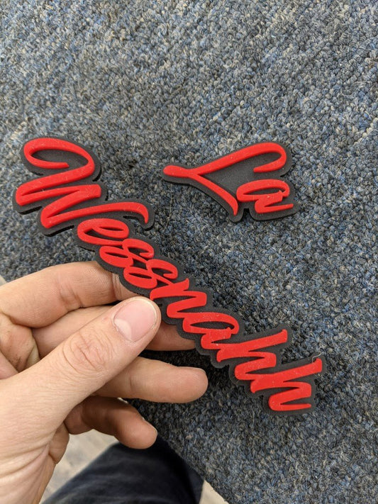 La Wessnahh - Red On Matte Black - Script Font - Atomic Car Concepts