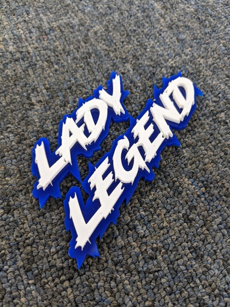 Lady Legend Car Badge - White On Blue - Lightning Font - Atomic Car Concepts