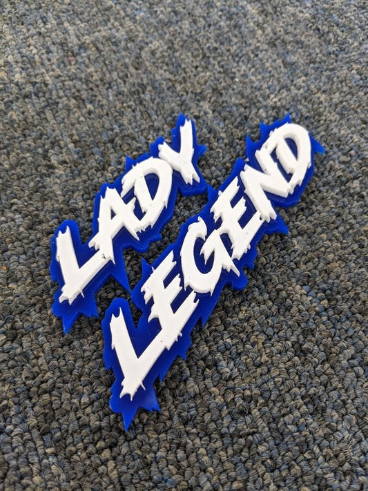 Lady Legend Car Badge - White On Blue - Lightning Font - Atomic Car Concepts