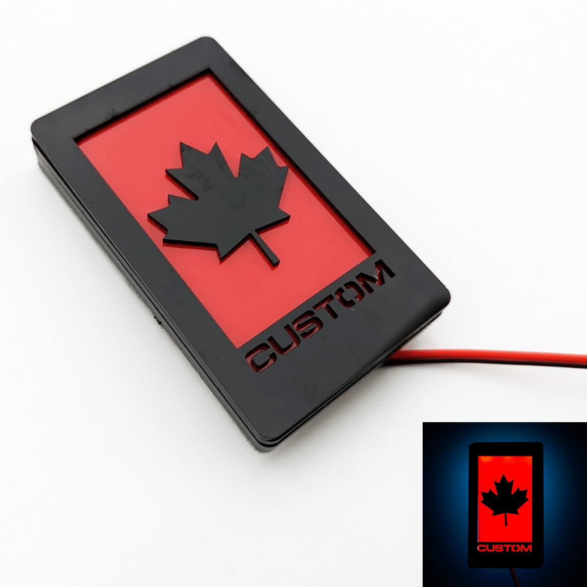 LED Light Up Maple Leaf Custom Text Badge - Fits Mustang® Grille or Trunk - Atomic Car Concepts