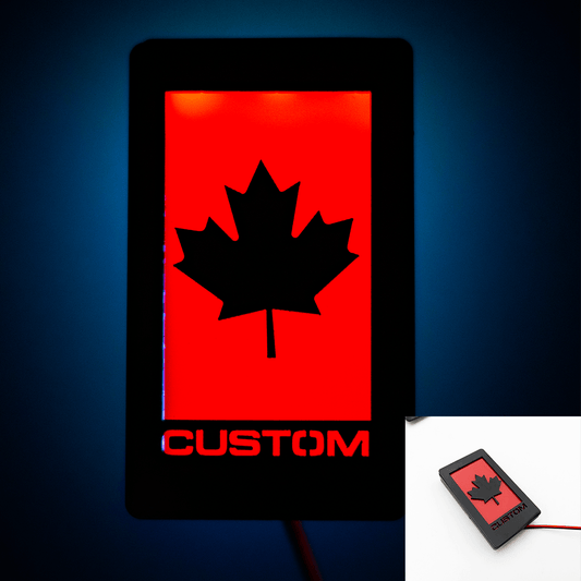 LED Light Up Maple Leaf Custom Text Badge - Fits Mustang® Grille or Trunk - Atomic Car Concepts