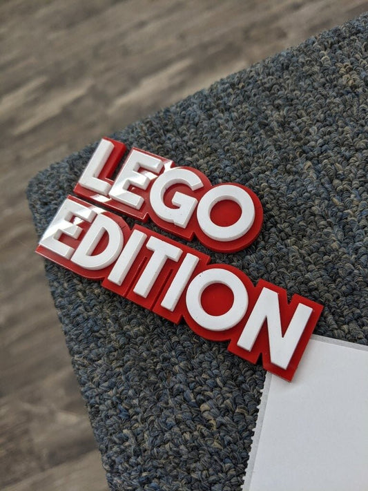 Lego Edition Car Badge - White On Red - Block Font - Atomic Car Concepts