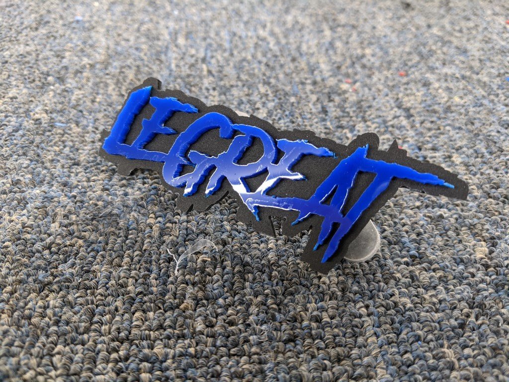 Legreat Car Badge - Blue On Matte Black - Aggressive Font - Atomic Car Concepts