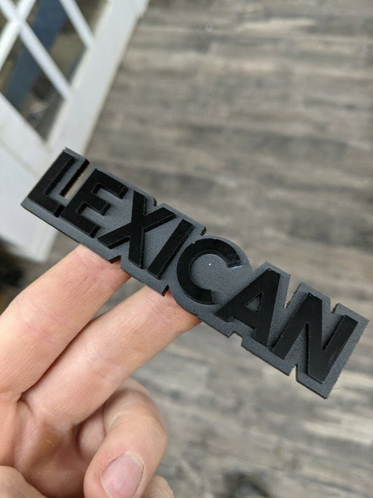 Lexican Car Badge - Gloss Black On Matte Black - Block Font - Atomic Car Concepts