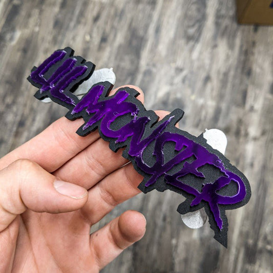 Lil Monster Car Badge - Mirror Purple on Matte Black - Aggressive Font - Atomic Car Concepts