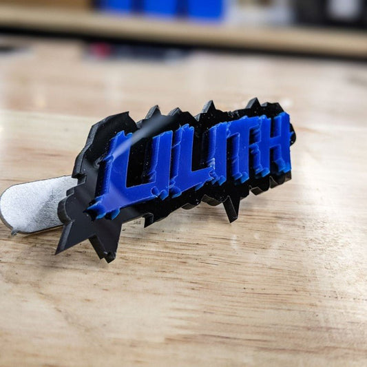 Lilith Car Badge - Blue on Gloss Black - Lightning Font - Atomic Car Concepts