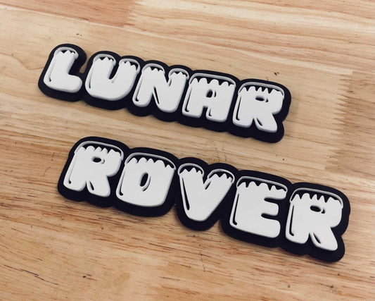 Lunar Rover Car Badge - White On Gloss Black - Ice Font - Atomic Car Concepts