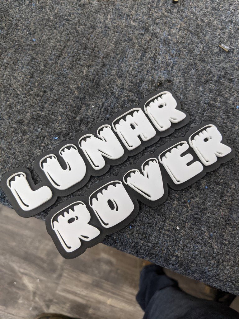 Lunar Rover Car Badge - White On Matte Black - Ice Font - Atomic Car Concepts