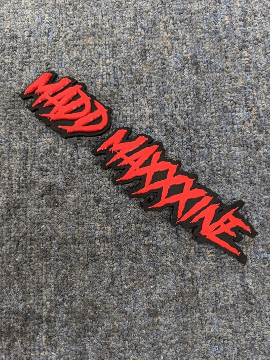 Madd Maxxxine Car Badge - Red on Gloss Black - Aggressive Font - Atomic Car Concepts