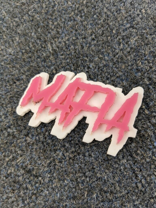 Mafia Car Badge - Pink On White - Aggressive Font - Atomic Car Concepts