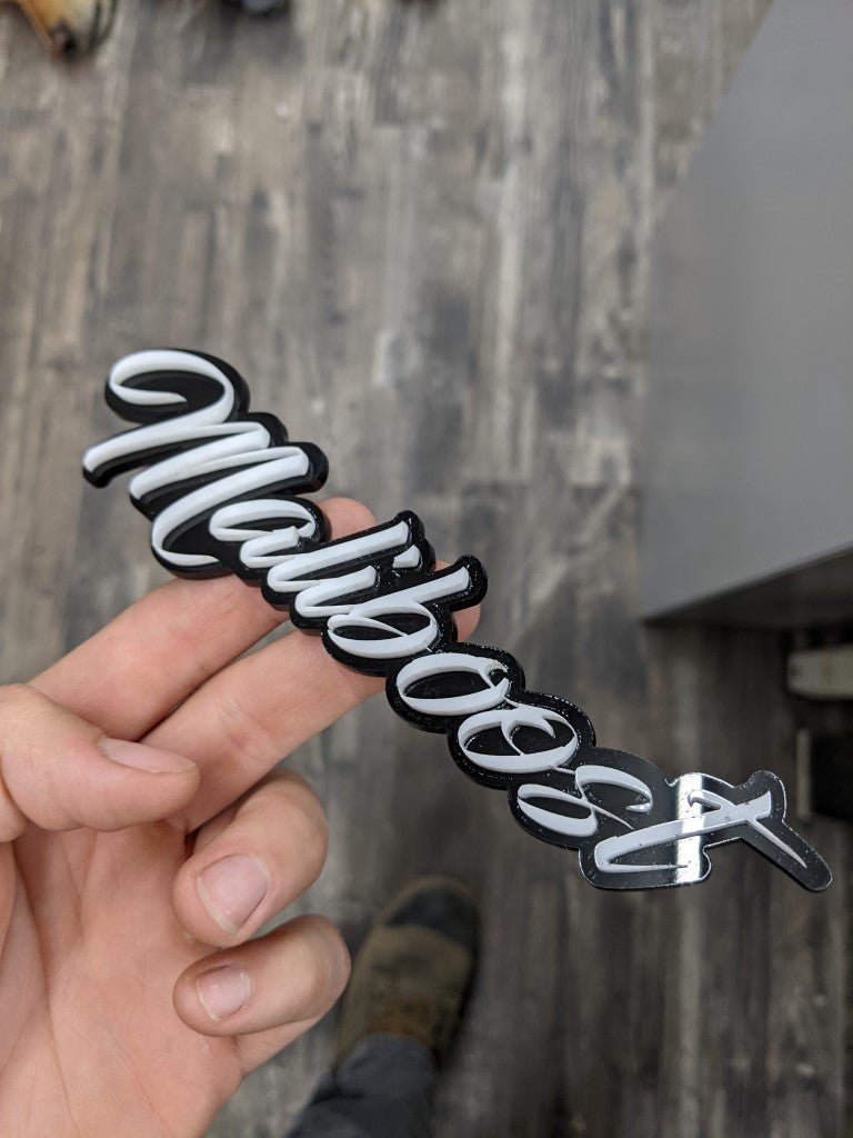 Maliboost Car Badge - White On Gloss Black - Script Font - Atomic Car Concepts