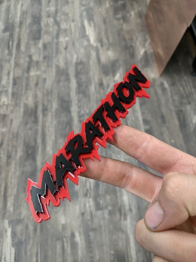 Marathon Car Badge - Gloss Black On Red - Lightning Font - Atomic Car Concepts