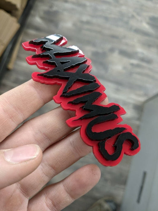 Maximus Car Badge - Gloss Black On Red - Aggressive Font - Atomic Car Concepts