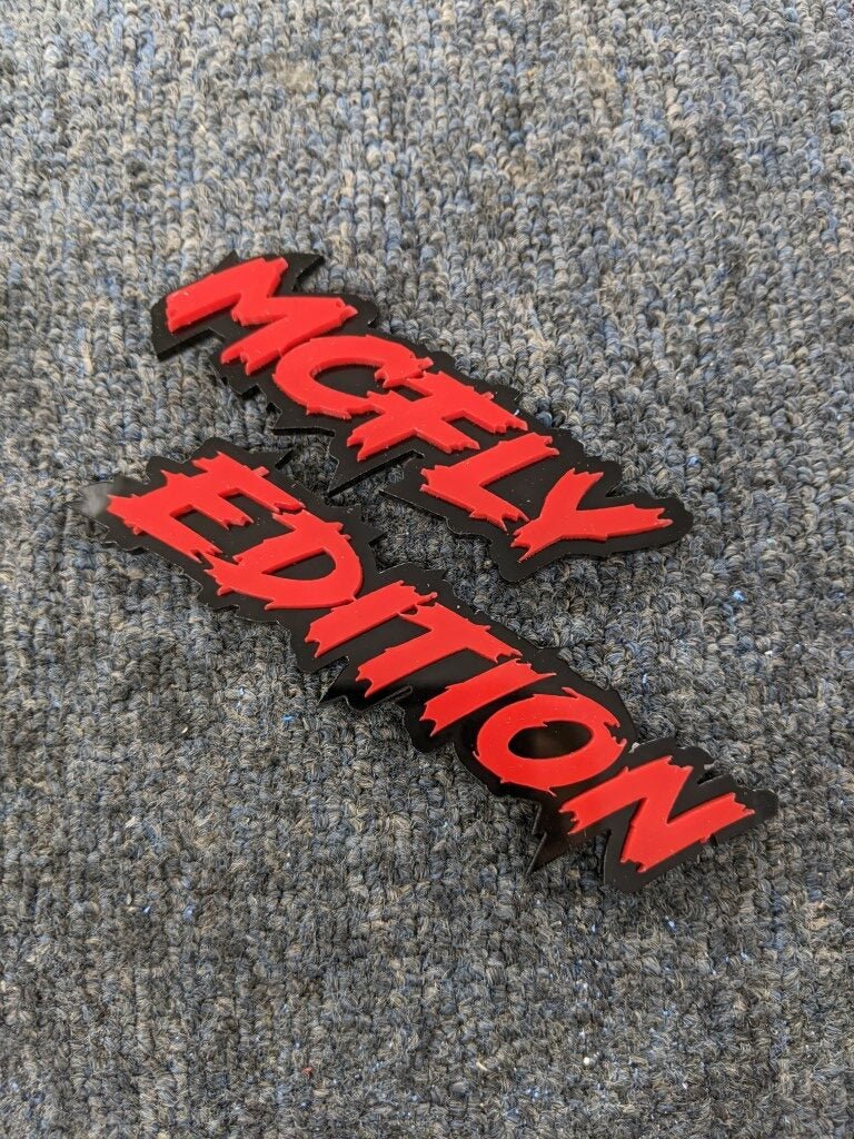 Mcfly Edition Car Badge - Red on Gloss Black - Lightning Font – Atomic ...