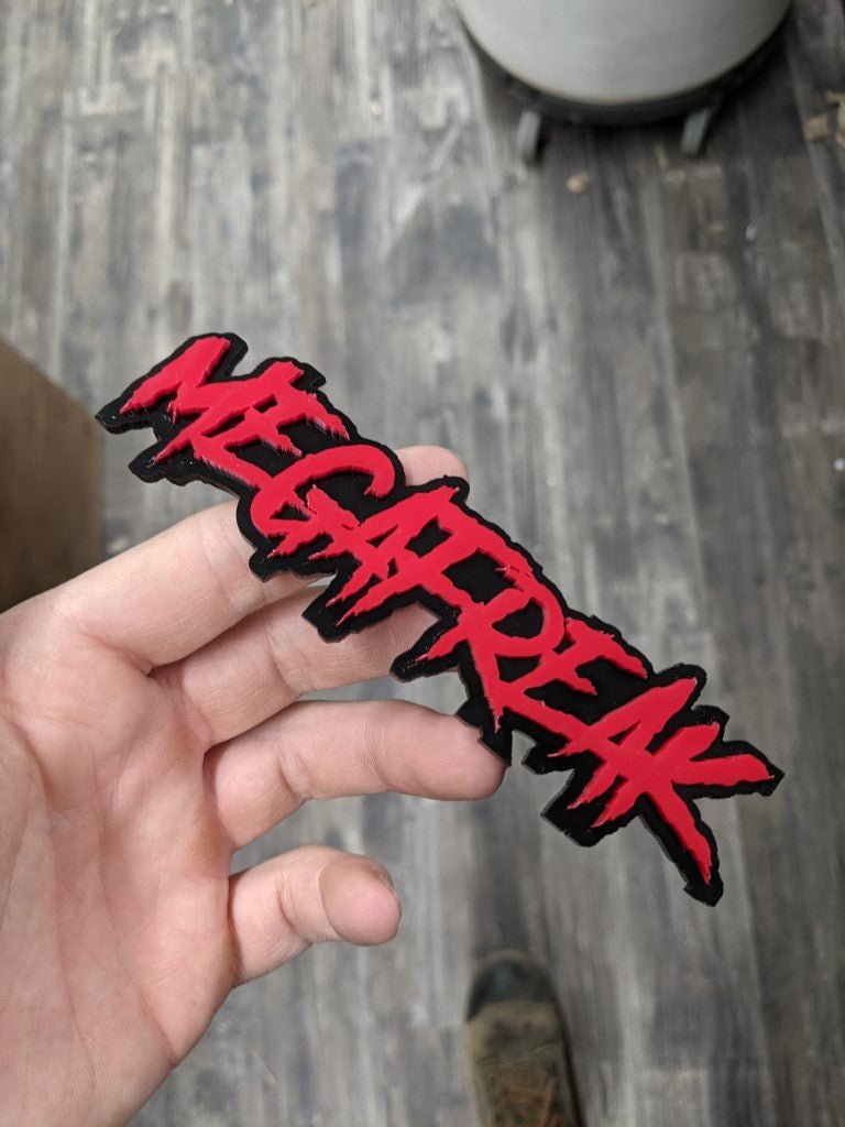 Megafreak Car Badge - Red On Gloss Black - Aggressive Font - Atomic Car Concepts